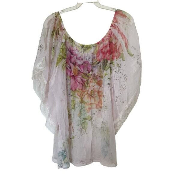 Love Culture Sheer Floral Top Lace Bat Wing Square Neck Size Medium - Picture 8 of 8